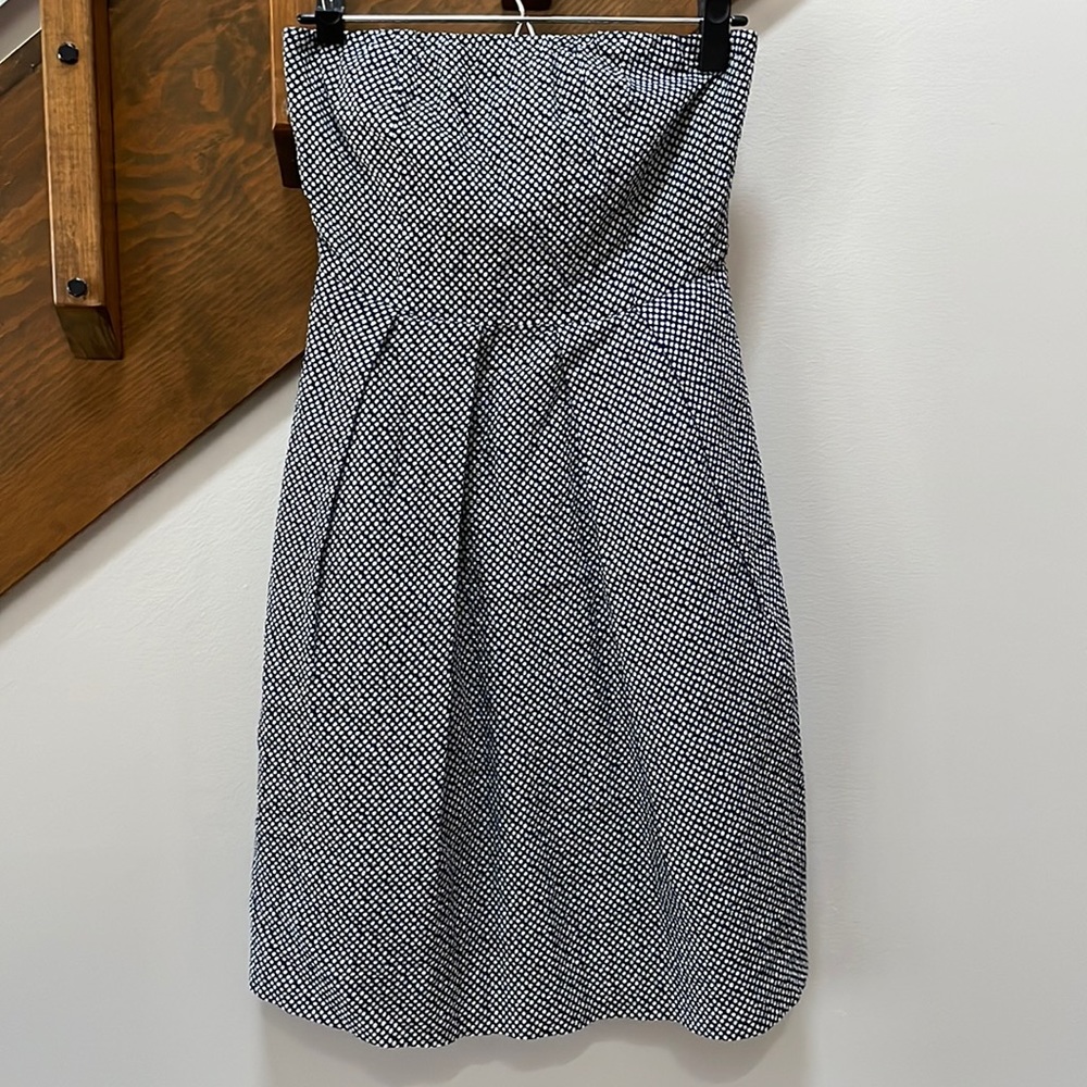 J crew strapless cotton dress white dots on navy